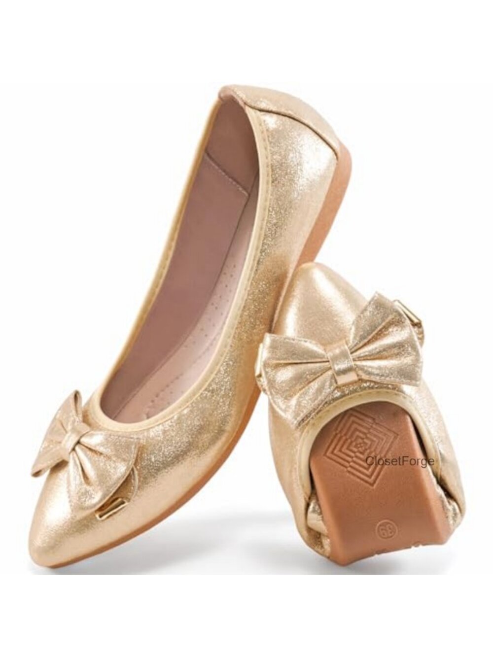 Women's Foldable Ballet Flats Lightweight Faux Leather Bow Slip On Dress Shoes